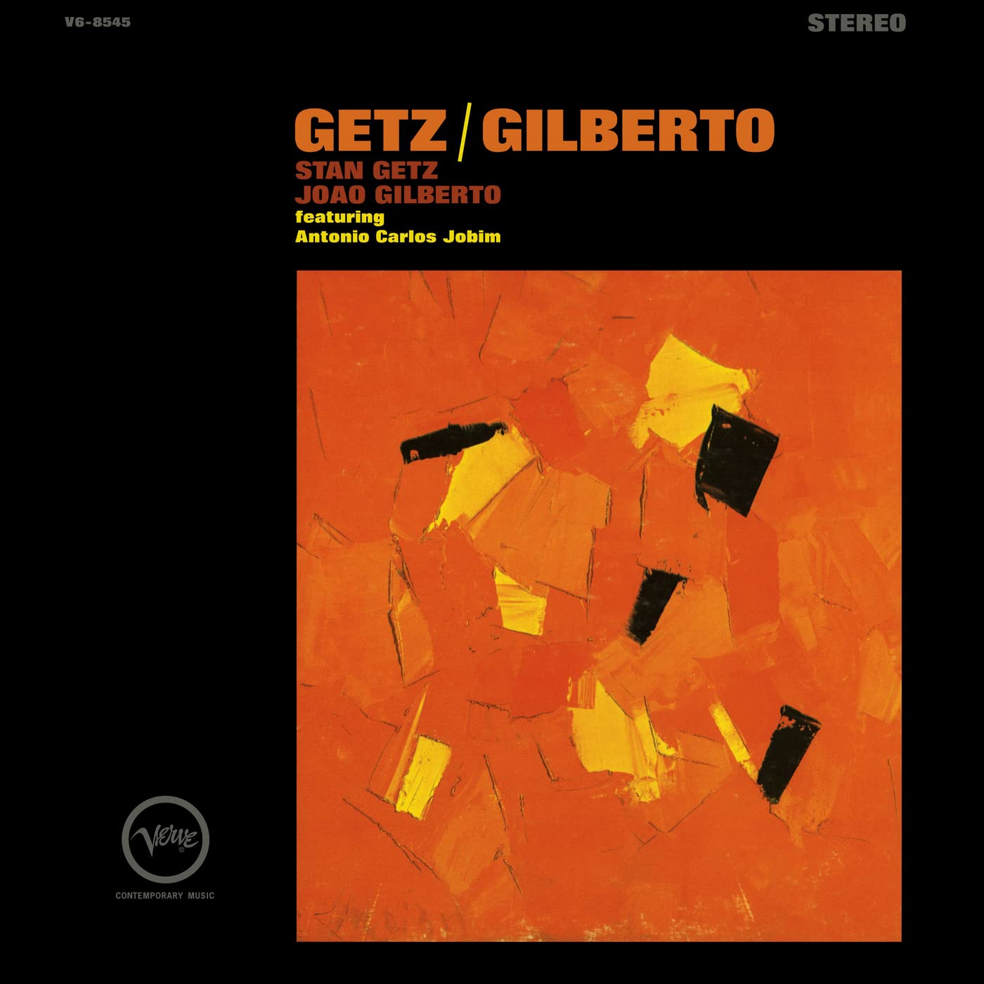 Cover for Getz/Gilberto, featuring an abstract painting, mostly in oranges, with yellow and black highlights