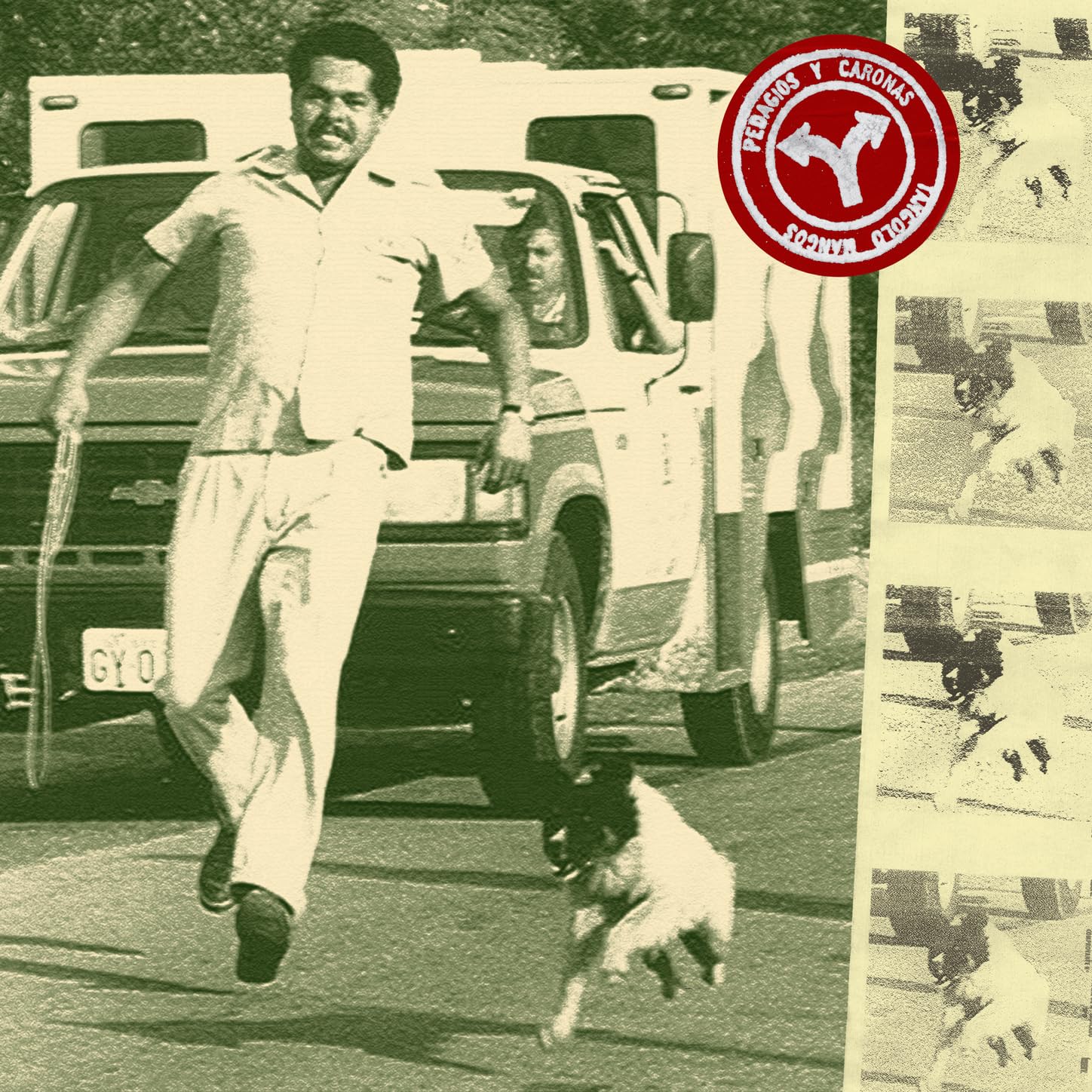 Cover for PEDAGIOS Y CARONAS, depicting a monochrome image of a man running after a street dog
