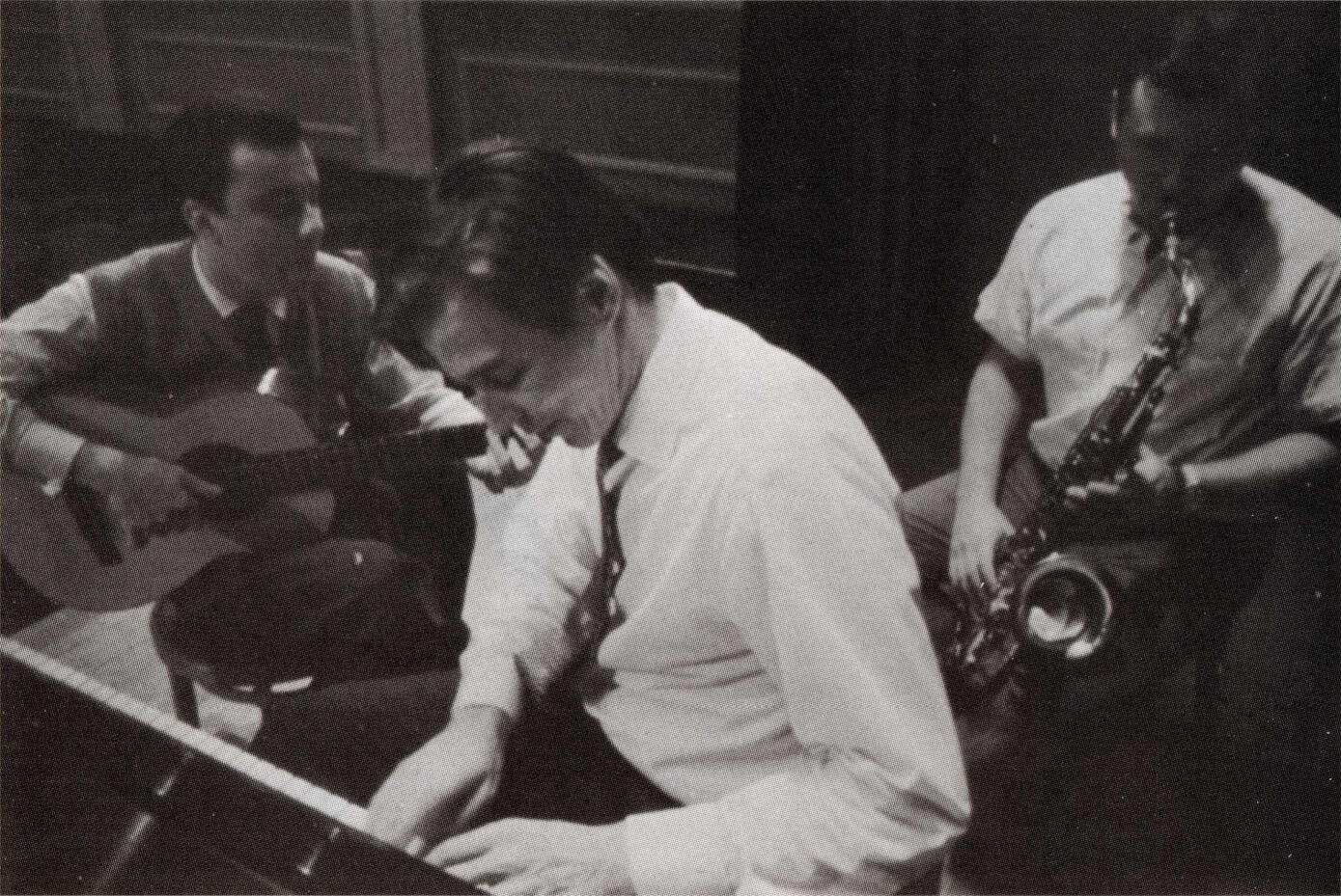 Recording session photo, with João Gilberto on guitar, Antônio Carlos Jobim on piano, and Stan Getz on tenor saxophone