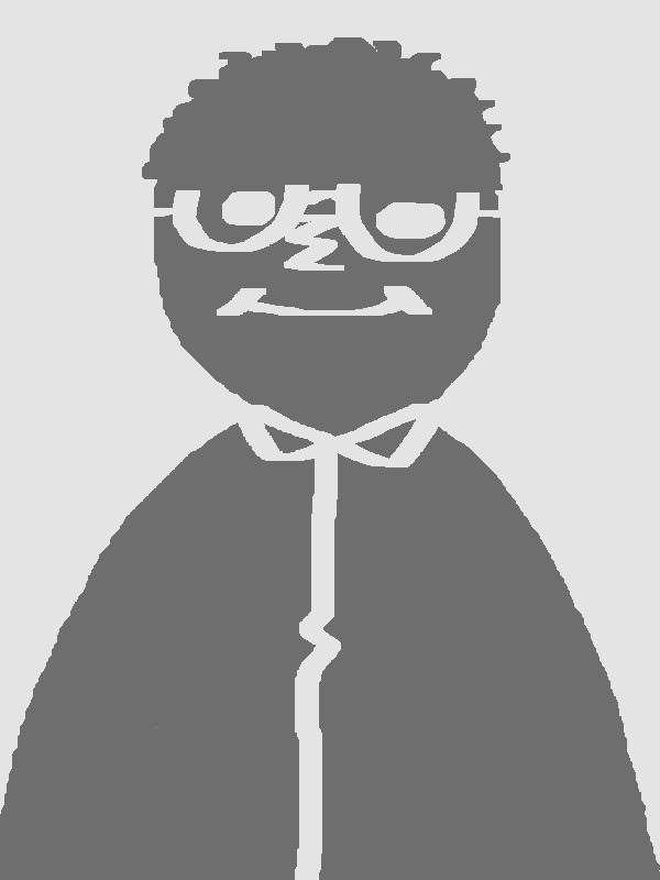 Monochrome, stylised portrait of a young man with glasses and scraggly hair. He has a big smile on his face, and appears to be wearing a dress shirt