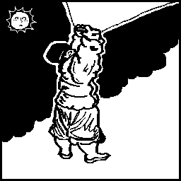 drawing of a man holding up a disk, a light shining out its rear end